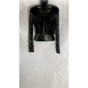 UNBRANDED Women's Black Floral Lace Long Sleeve Tie-Front Cover-Up Top SZ M